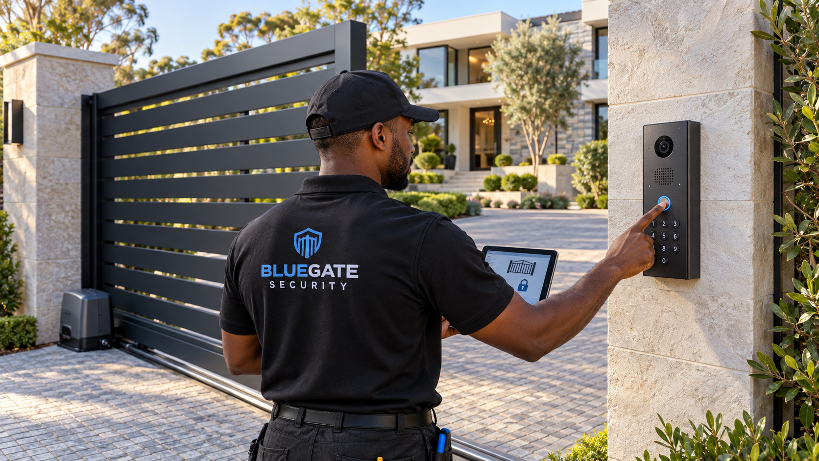 Gate-linked intercom station installed beside an automated security gate