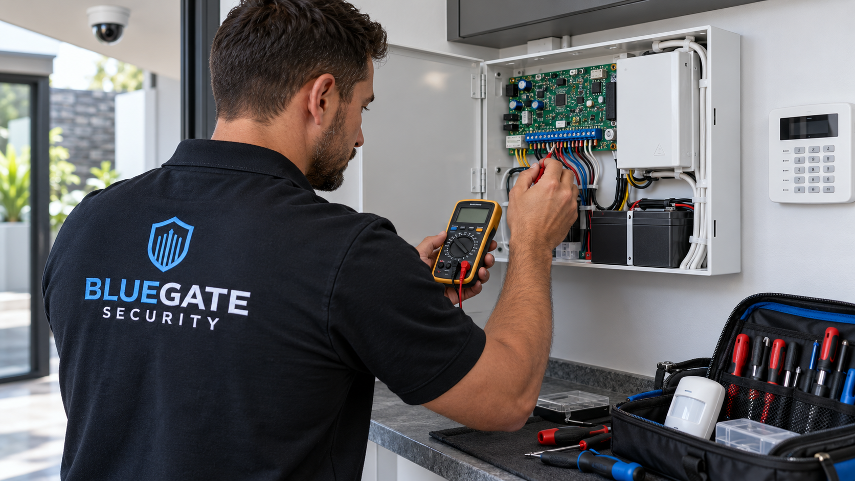 Security technician performing system maintenance and equipment repairs