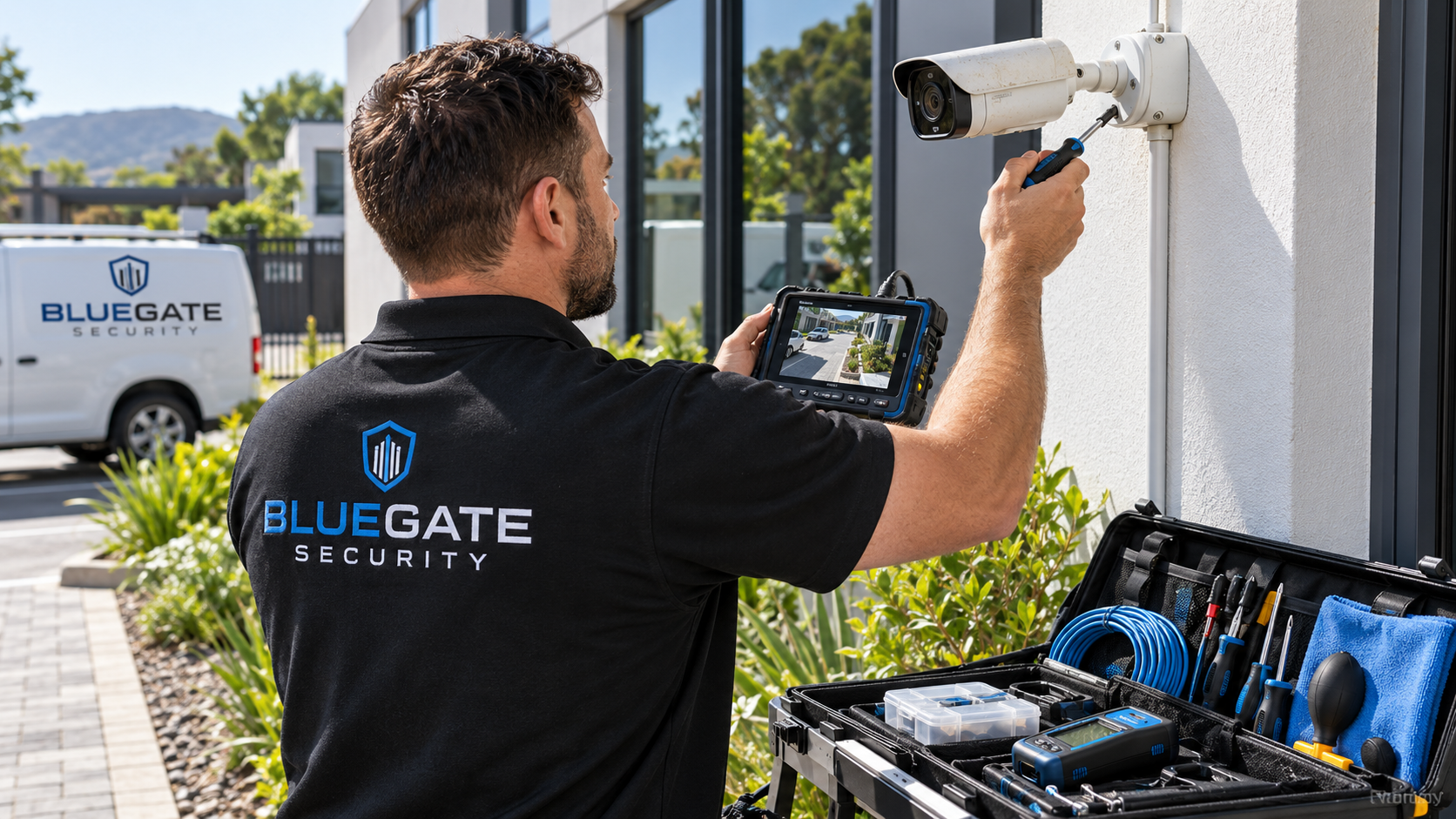 Technician installing a replacement outdoor IP surveillance camera