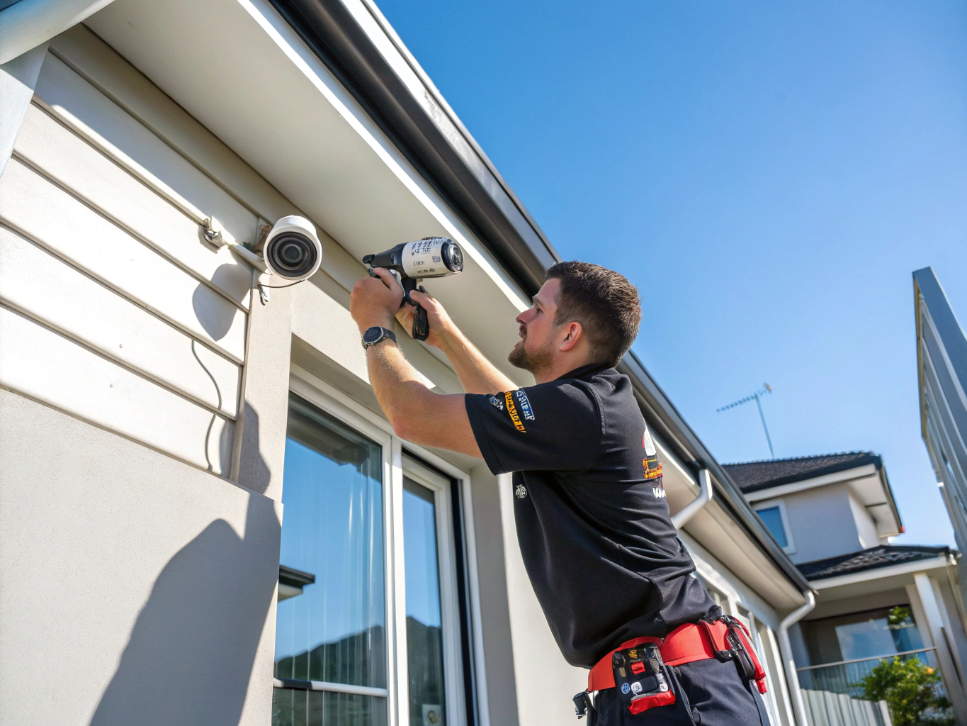 Technician installing a high-definition CCTV camera on a building exterior in George