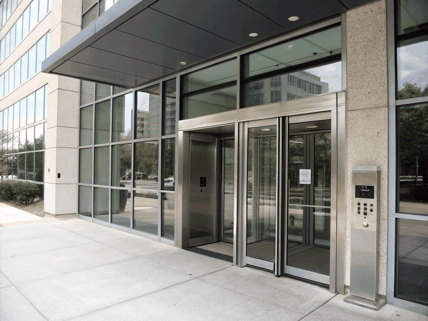 Commercial building entrance with access control reader and secure glass entry door