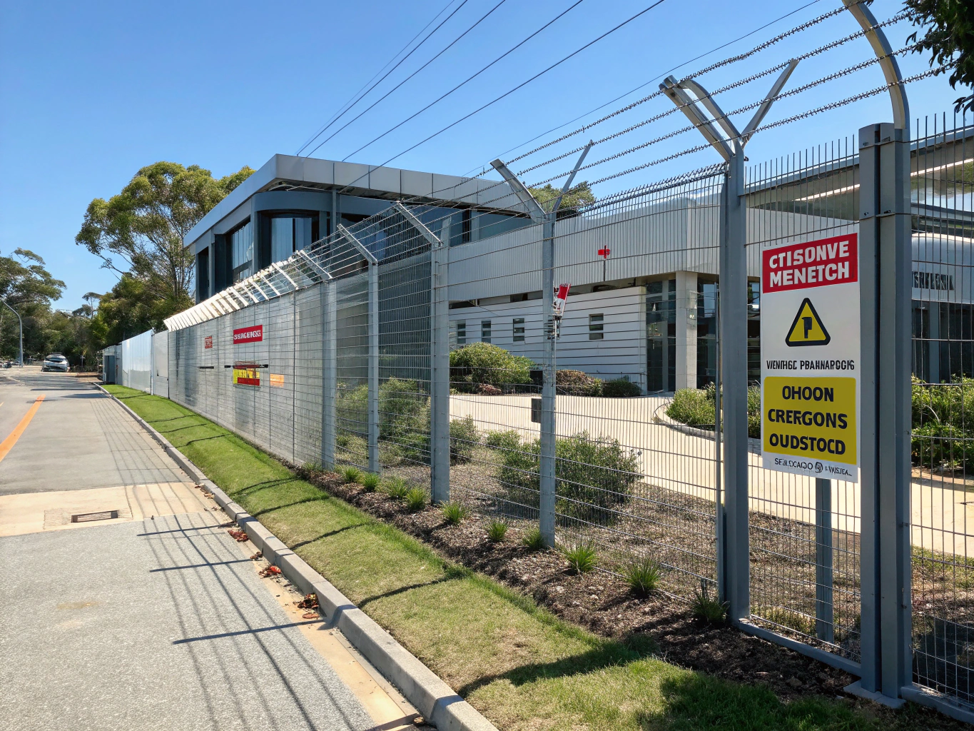 Perimeter electric fence line and high-voltage energizer hardware