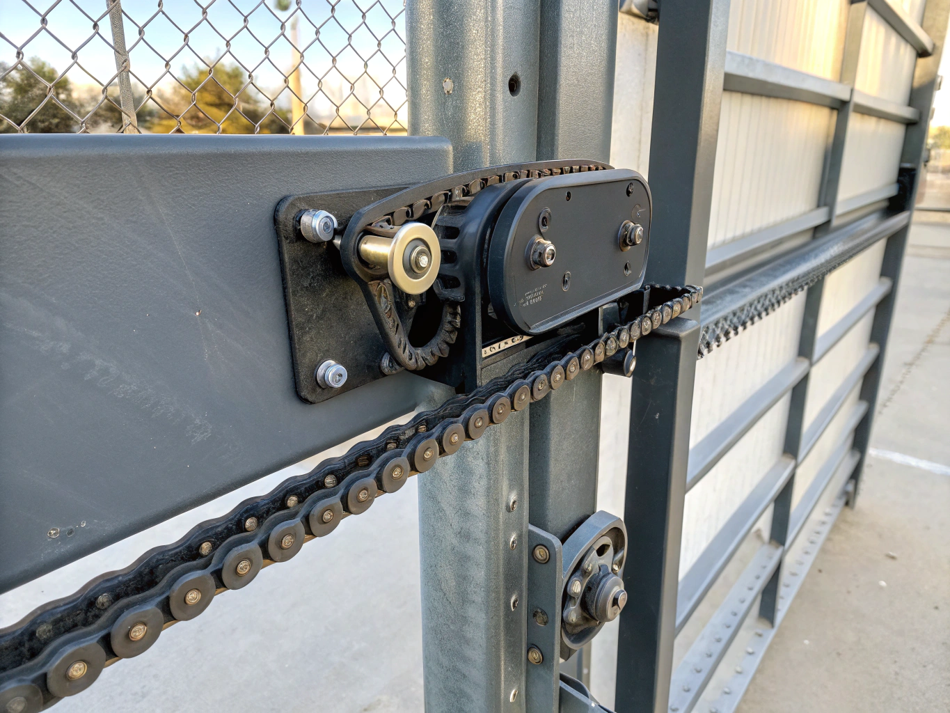 Automated sliding gate motor and track mechanism