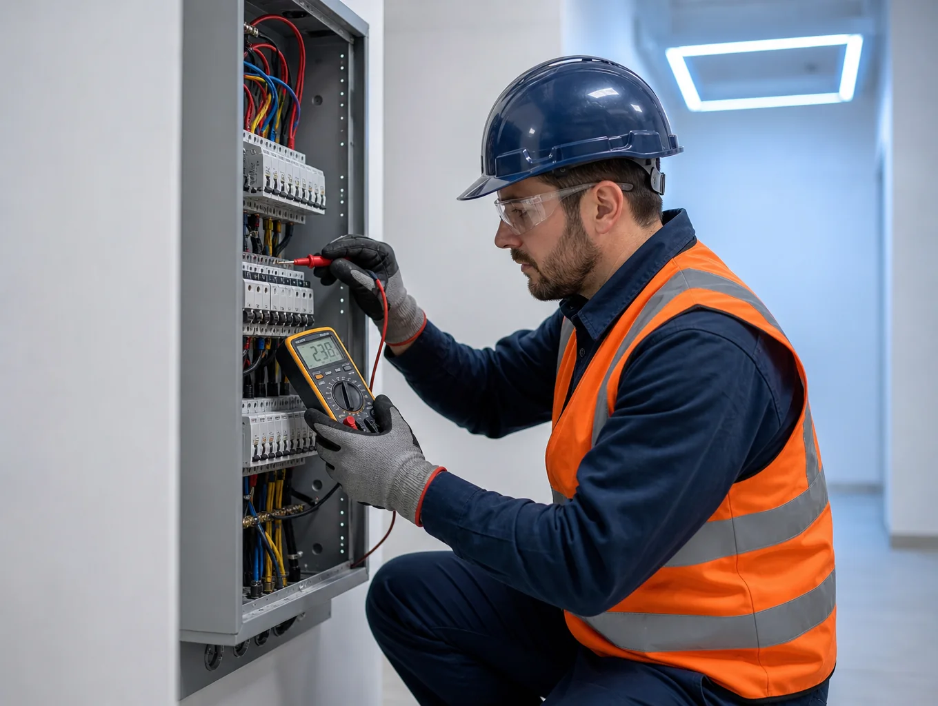 Field technician testing security electronics with diagnostic equipment