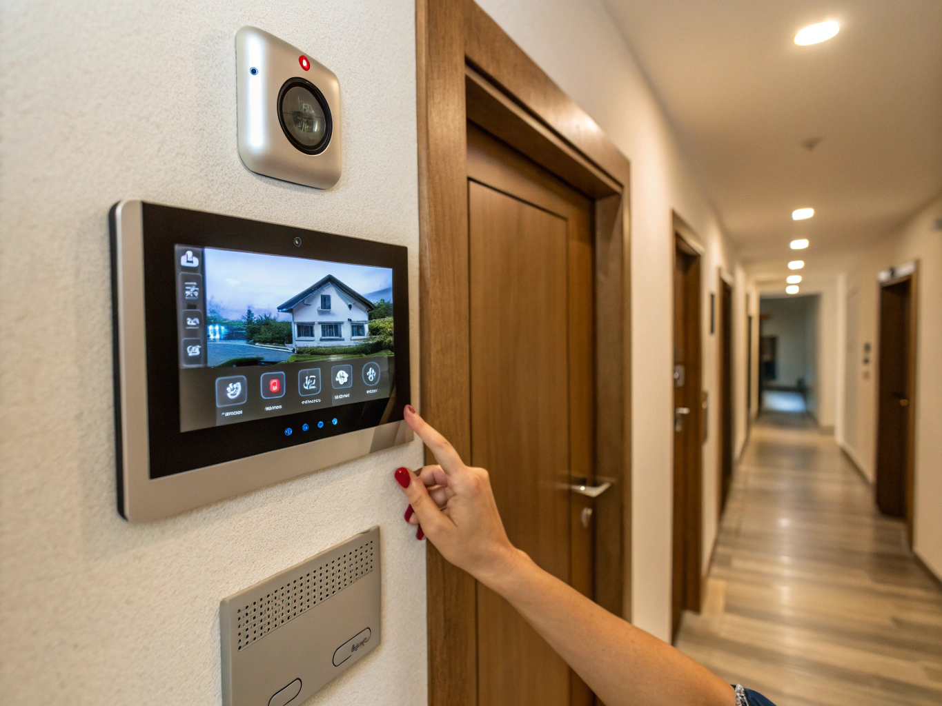 Indoor video intercom monitor touchscreen mounted in a residential entrance