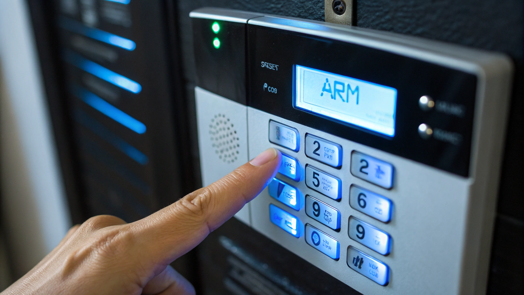 Security alarm system keypad mounted on an interior wall