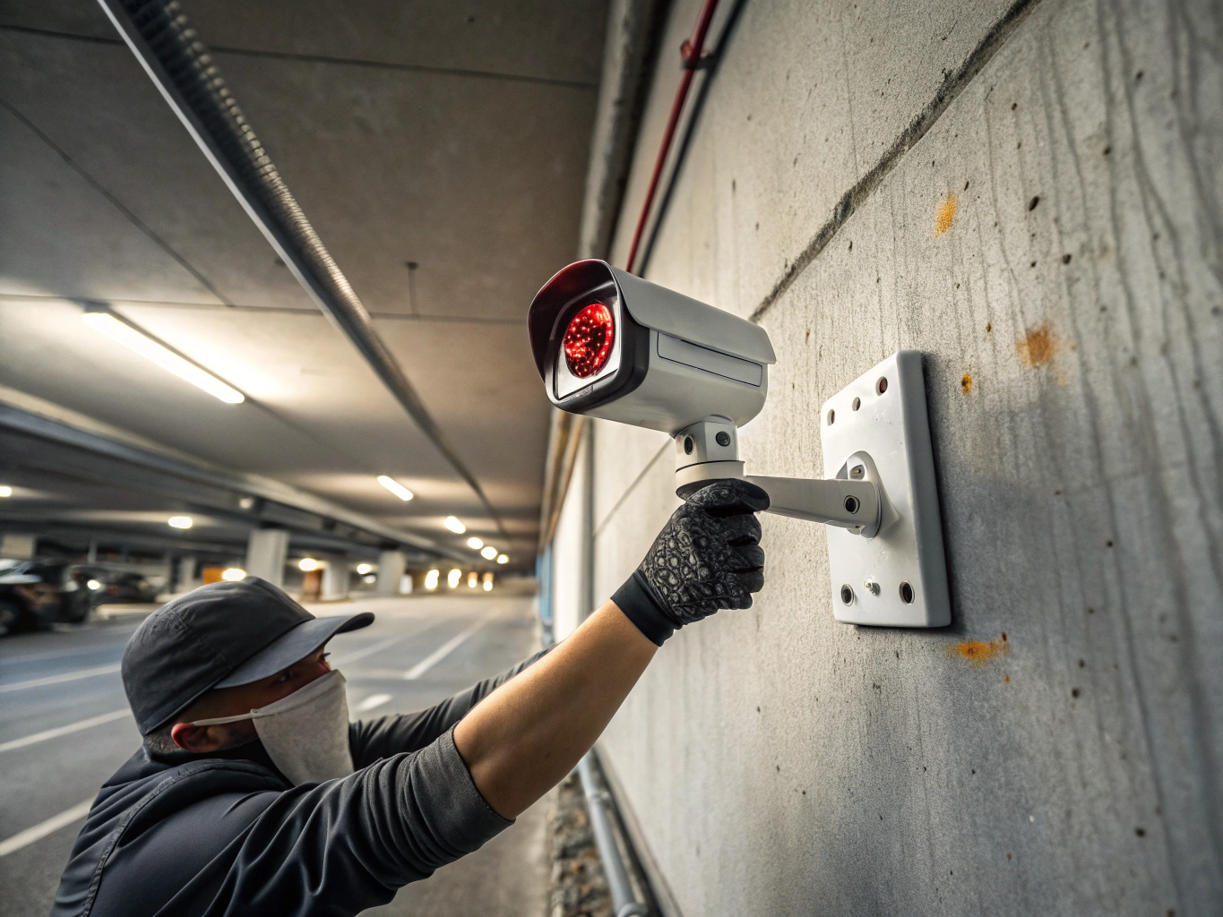 Commercial security camera hardware types - Bullet camera mounted to commercial perimeter wall