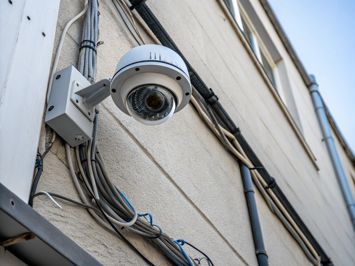 Installed outdoor dome CCTV camera mounted on a building exterior in George