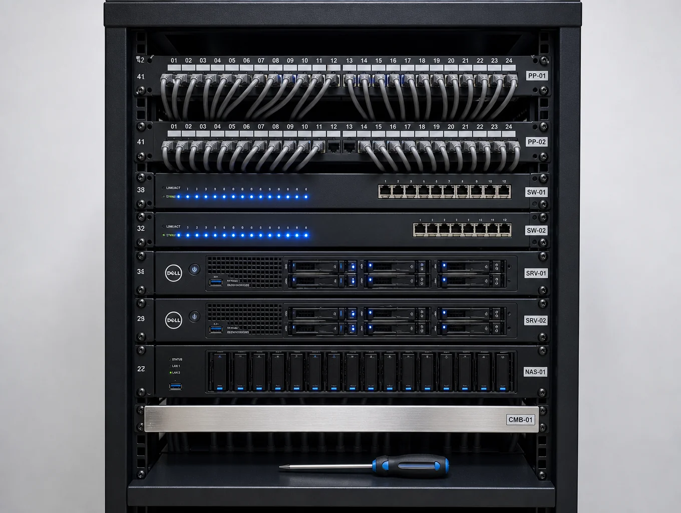 Network switch and power backup equipment mounted in a secure rack cabinet
